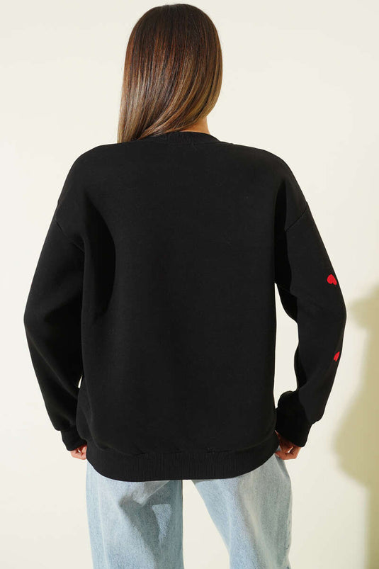 Heart Embroidered Sweatshirt, Black