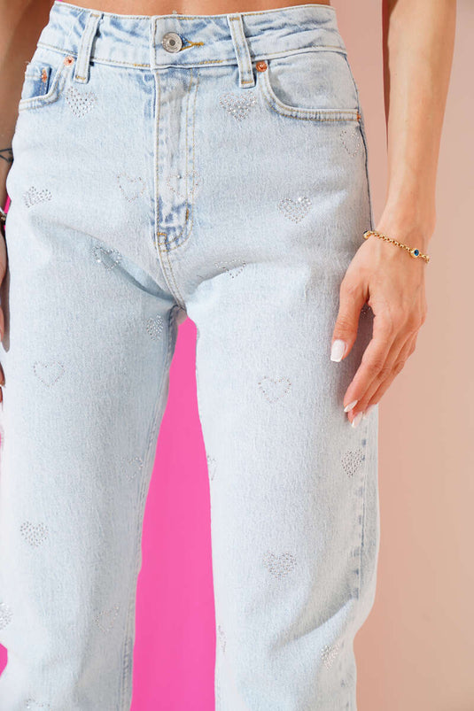 Kalp Nakışlı Kesik Paça Kot Pantolon Açık Kar