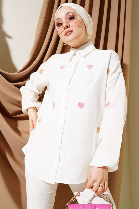 Camicia in lino con ricamo a cuore ecrù