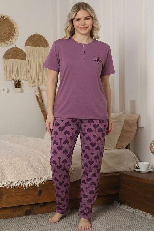 Ensemble pyjama à manches courtes avec broderie Kalp, couleur vieux rose