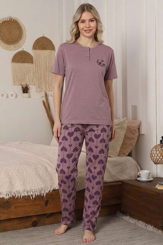 Ensemble pyjama à manches courtes avec broderie Kalp, couleur poudre