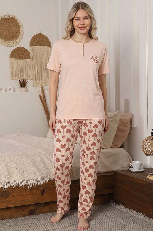 Kalp Nakışlı Kısa Kol Pijama Takımı Yavru Ağzı