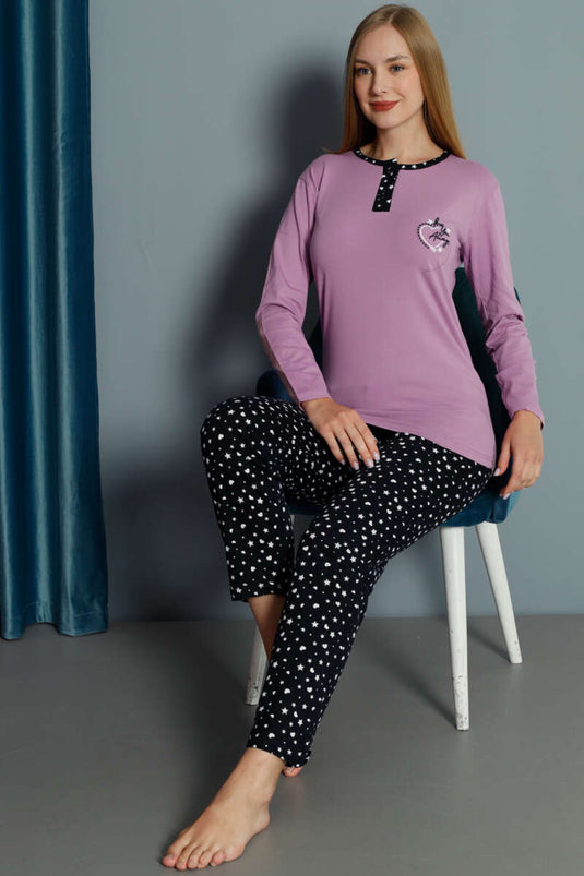 طقم بيجامة مطرز على شكل قلب - أرجواني