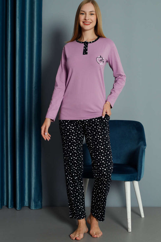 طقم بيجامة مطرز على شكل قلب - أرجواني