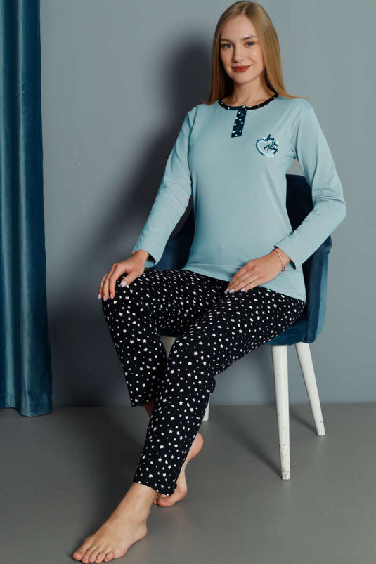 Kalp Nakışlı Pijama Takımı Mint