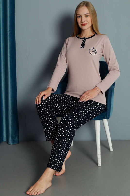 Kalp Nakışlı Pijama Takımı Pudra