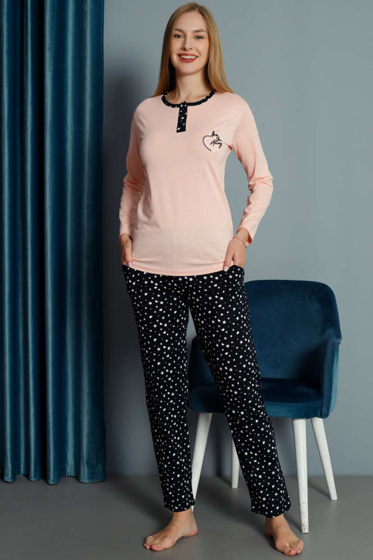 Heart Embroidered Pajama Set Kitten Mouth