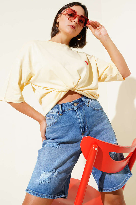 Yellow T-shirt with Heart Embroidery