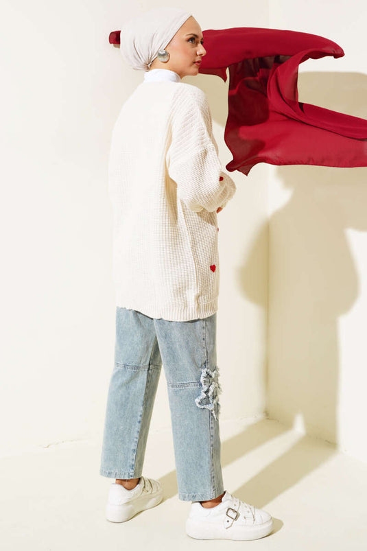 Heart Embroidered Knit Cardigan Beige