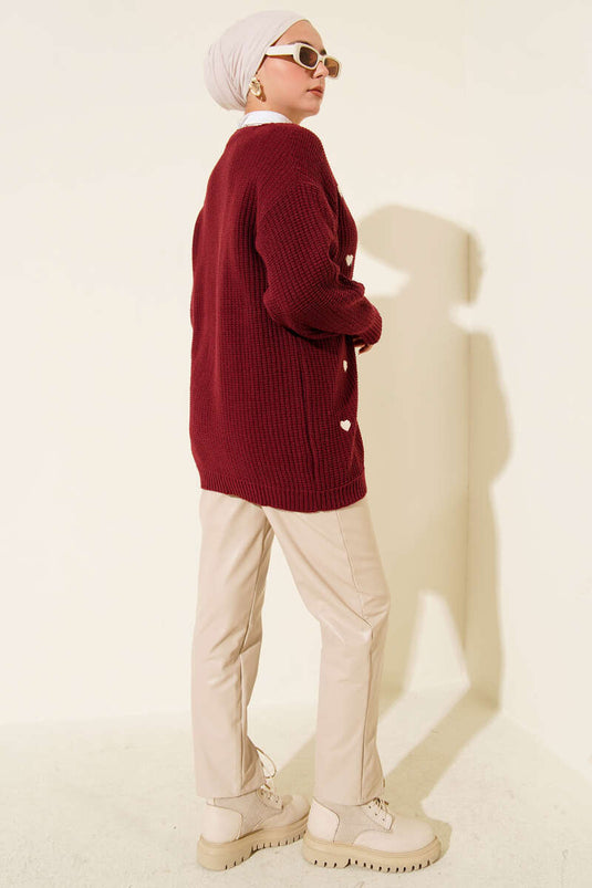 Heart Embroidered Knit Cardigan Burgundy