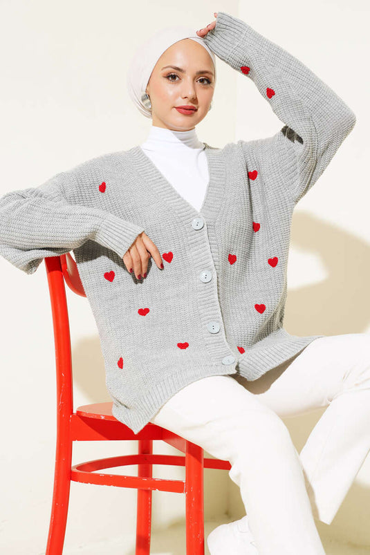 Heart Embroidered Knitted Cardigan Gray