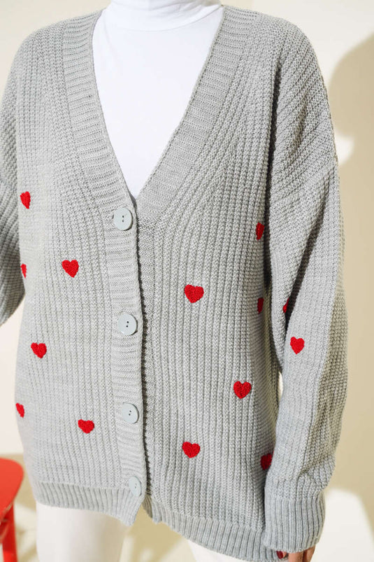 Heart Embroidered Knitted Cardigan Gray
