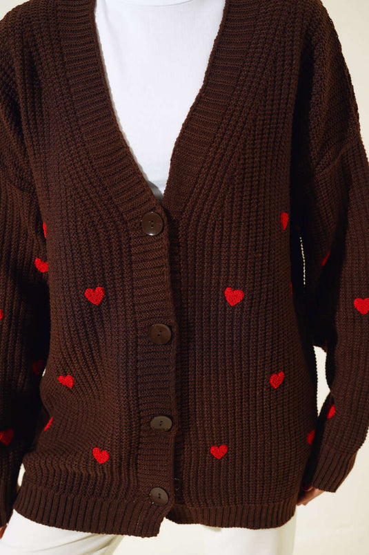 Heart Embroidered Knitwear Cardigan Brown