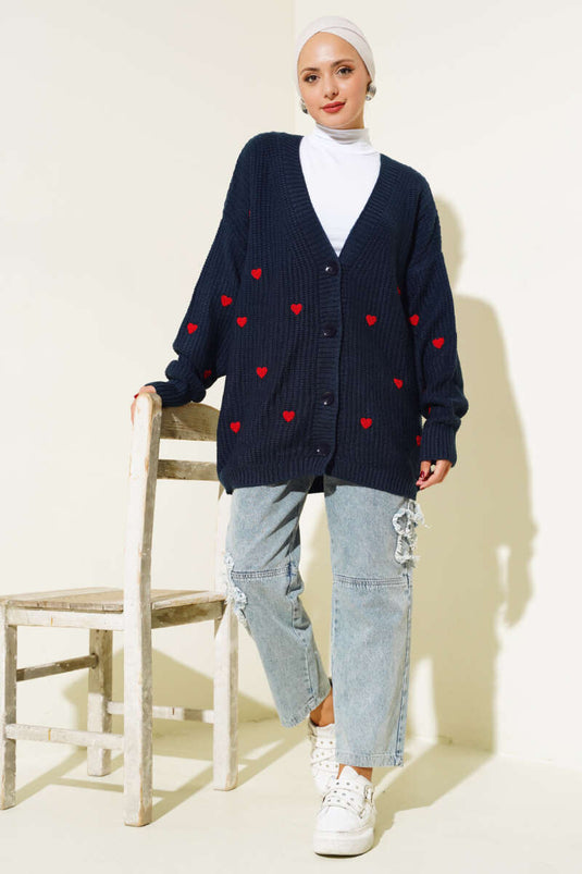 Heart Embroidered Knitted Cardigan Navy Blue