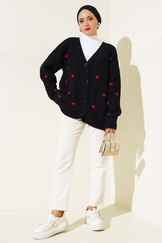Cardigan en tricot brodé cœur noir