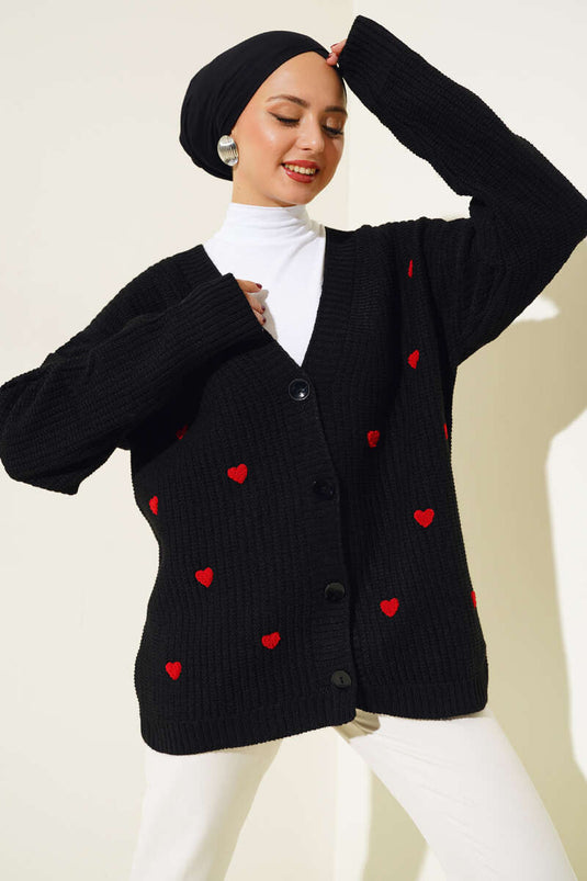 Cardigan en tricot brodé cœur noir