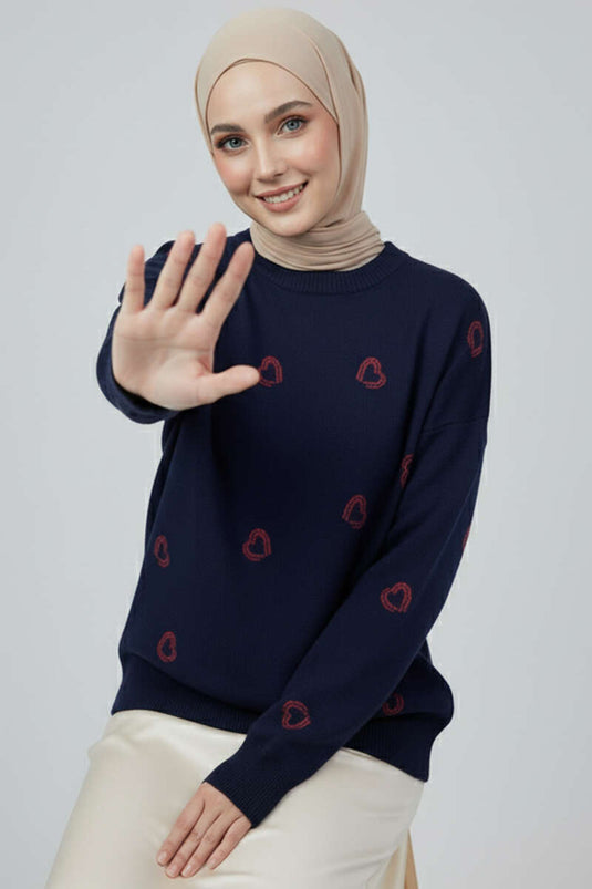 Kalp Nakışlı Triko Kazak lacivert