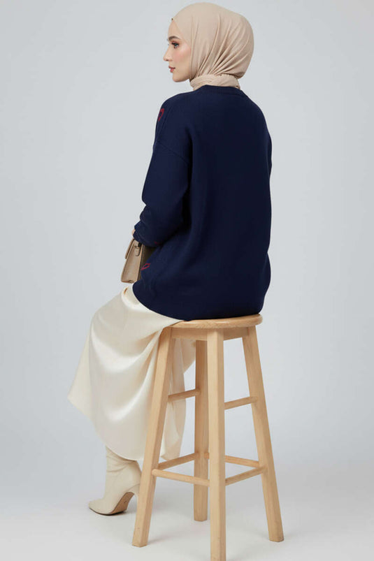 Kalp Nakışlı Triko Kazak lacivert