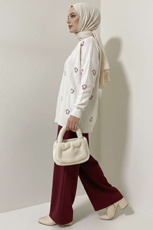 Kalp Nakışlı Triko Kazak Taş