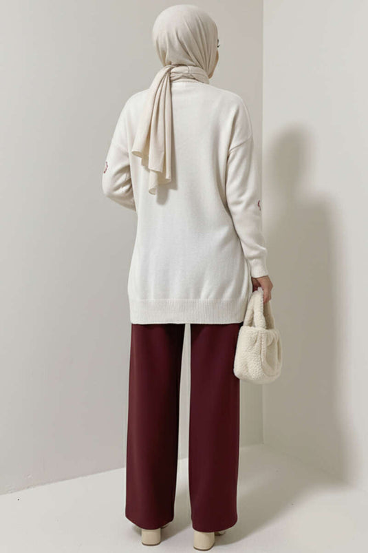 Kalp Nakışlı Triko Kazak Taş