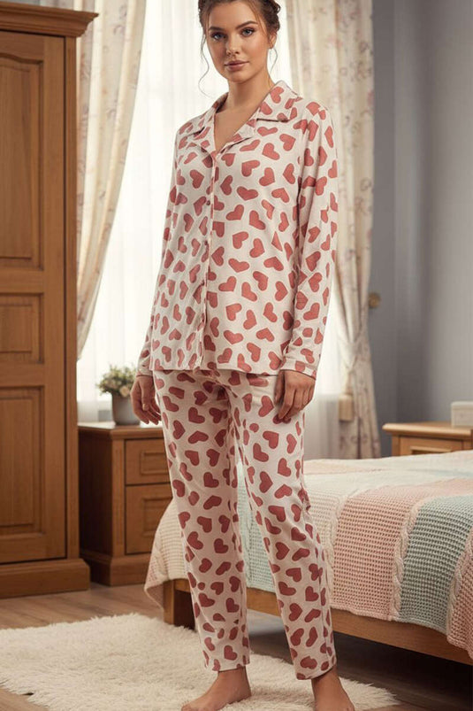 Heart-Adorned Buttoned Suede Pajama Set White Dusty Rose