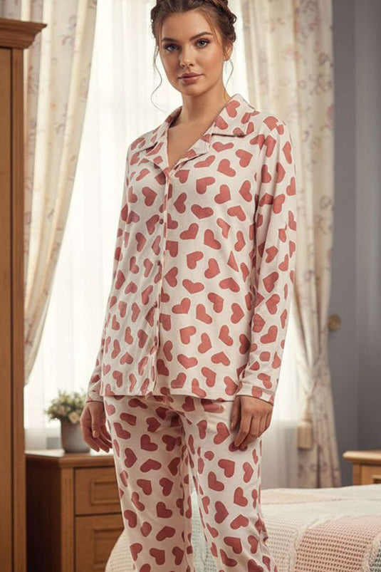 Heart-Adorned Buttoned Suede Pajama Set White Dusty Rose