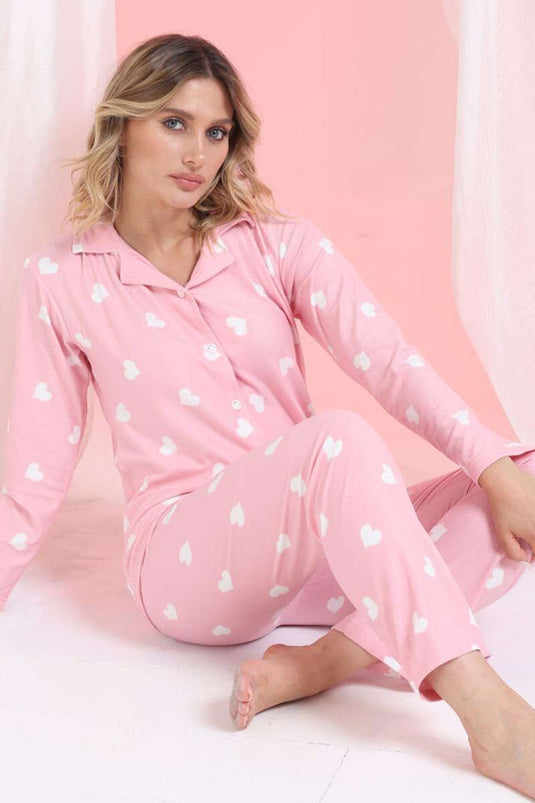 Kalp Süslemeli Düğmeli Süet Pijama Takımı Pudra