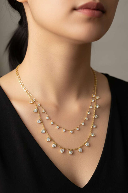 Kalp Taş Süslemeli Çoklu Kolye Gold