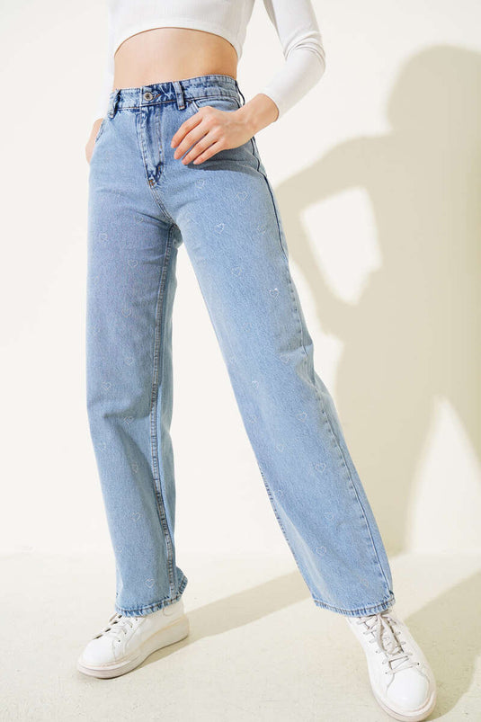 Jean large bleu à motif cœur