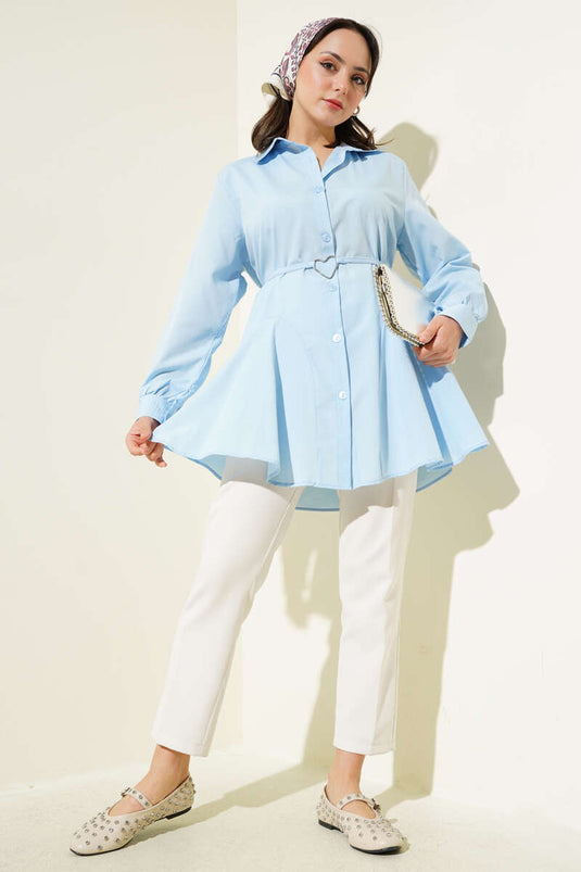 Heart Buckle Belted Shirt Baby Blue