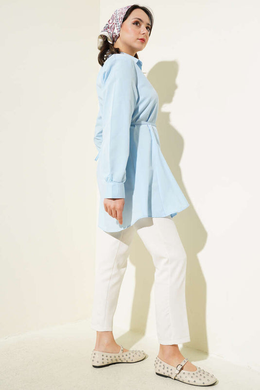 Heart Buckle Belted Shirt Baby Blue