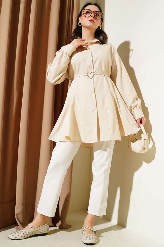 Heart Buckle Belted Shirt Beige