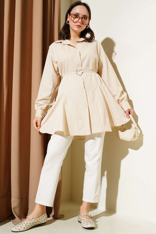 Heart Buckle Belted Shirt Beige