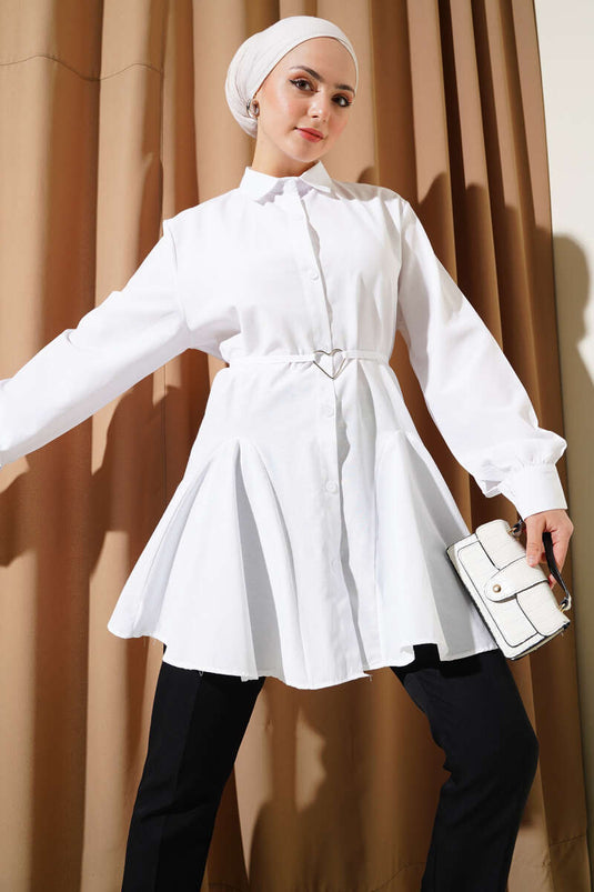 Kalp Tokalı Kuşaklı Gömlek Beyaz