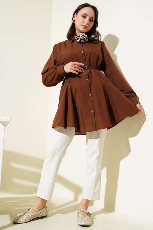 Heart Buckle Belted Shirt Brown