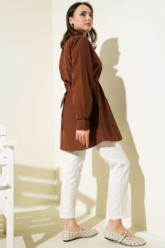 Heart Buckle Belted Shirt Brown