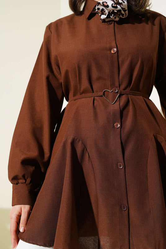 Heart Buckle Belted Shirt Brown