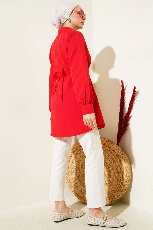 Heart Buckle Belted Shirt Red