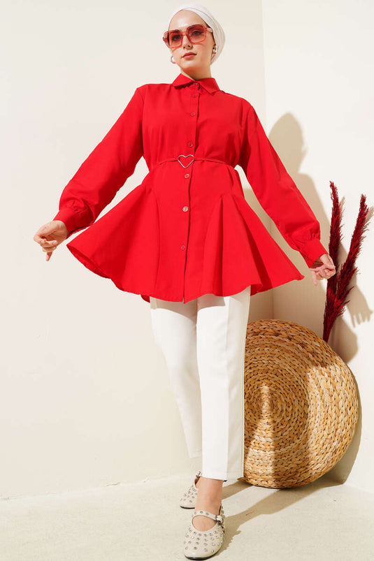 Heart Buckle Belted Shirt Red