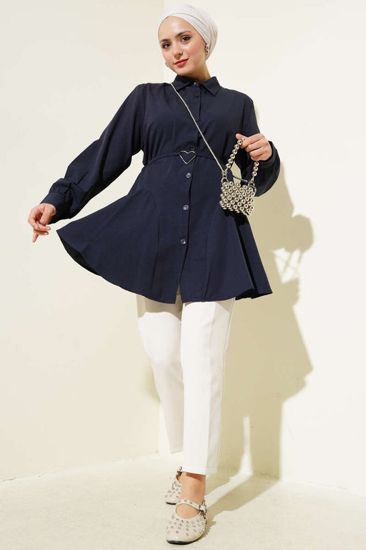Heart Buckle Belted Shirt Navy Blue