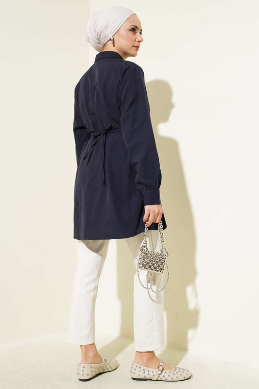 Heart Buckle Belted Shirt Navy Blue