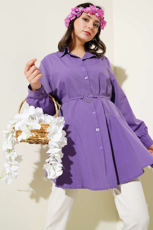 Heart Buckle Belted Shirt Purple