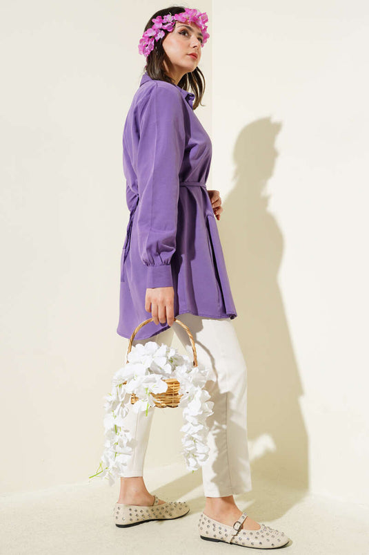 Heart Buckle Belted Shirt Purple