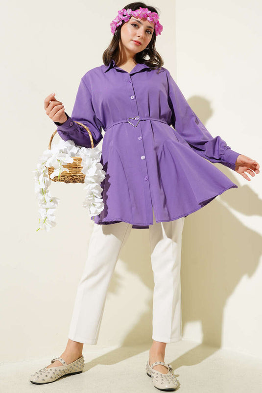 Heart Buckle Belted Shirt Purple