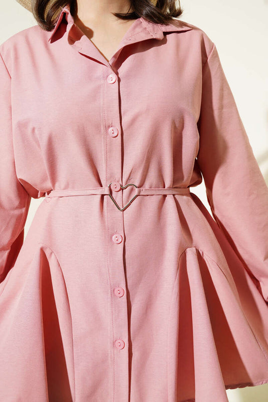 Kalp Tokalı Kuşaklı Gömlek Pudra