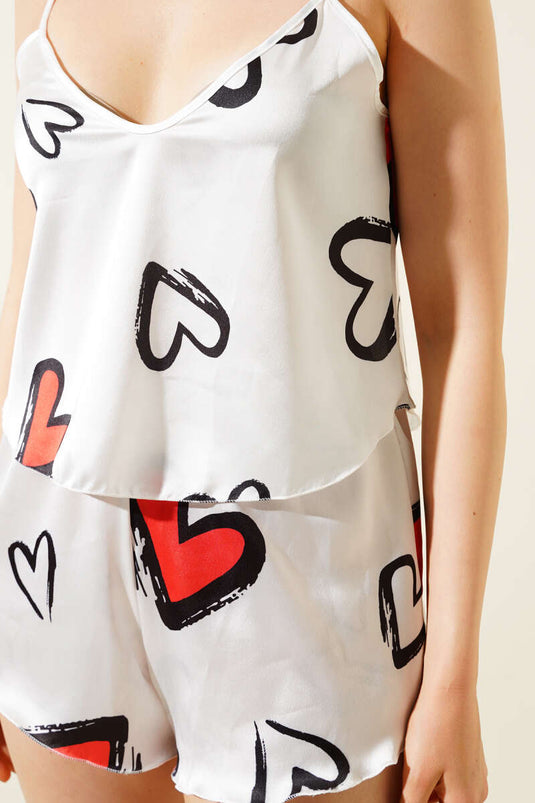 Heart-Shaped Satin Pajama Set White