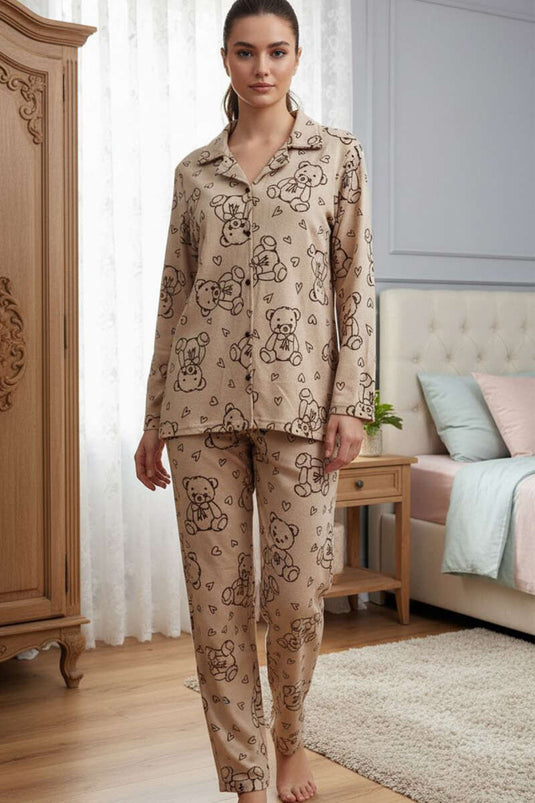Heart Bear Patterned Suede Cross-Collar Pajama Set Latte