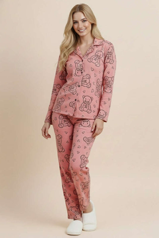 Heart Bear Patterned Suede Cross-Collar Pajama Set Powder Pink
