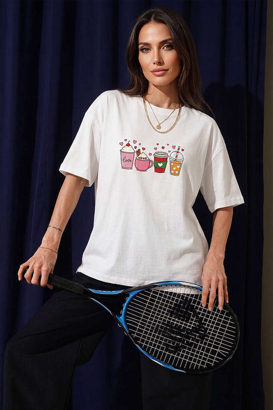 Kalpli Bardak Baskılı T-shirt Ekru