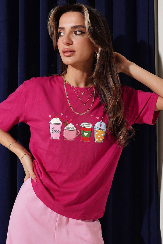 T-shirt fuchsia imprimé avec tasse à cœur